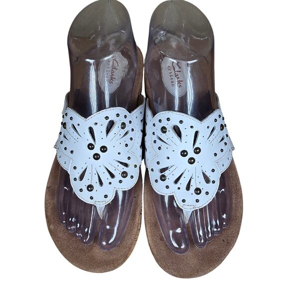 Clarks Artisan Sandals Palima Palm Laser Cut Thong Cork Wedge White Womens Sz 8 - Picture 5 of 10